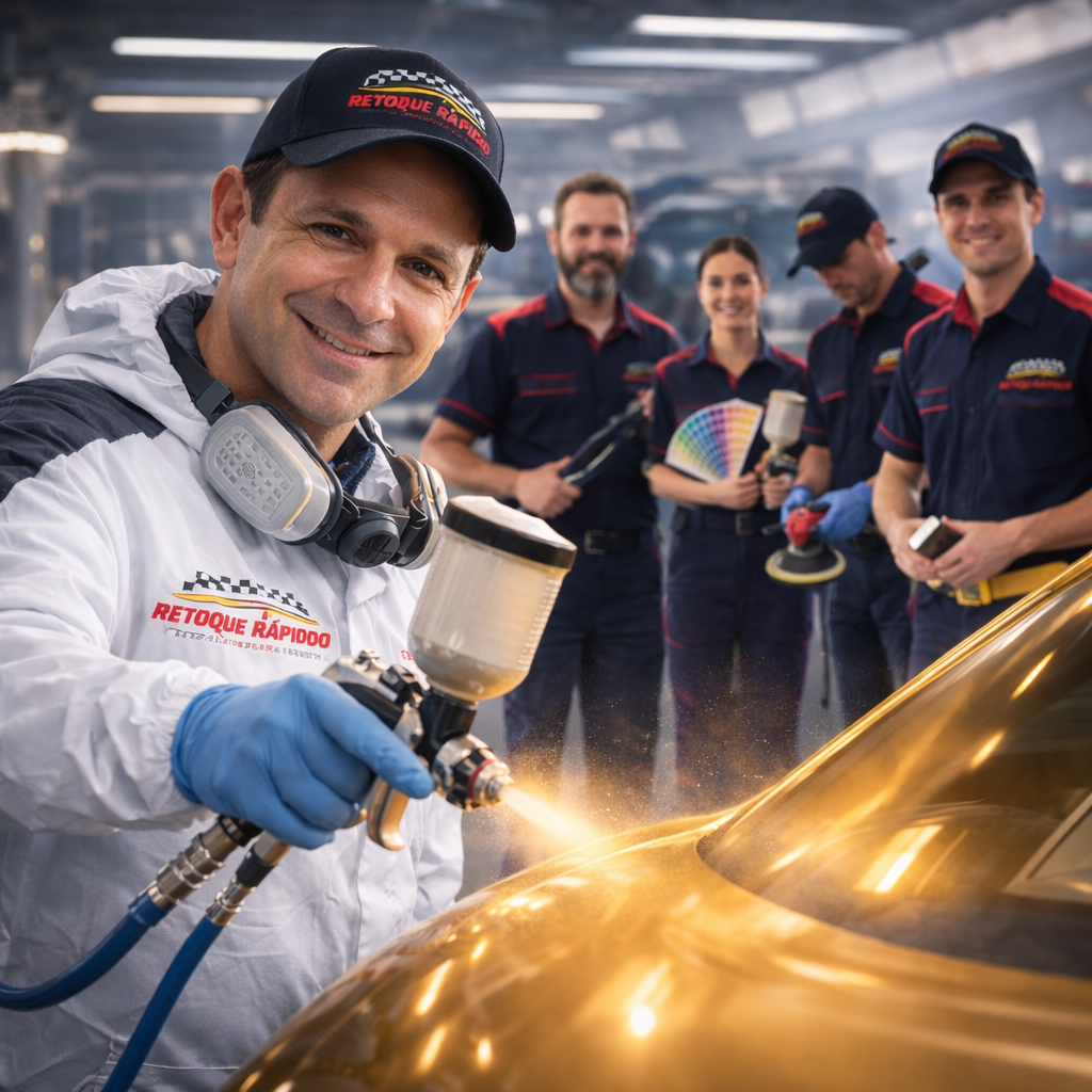Equipe de especialistas em funilaria e pintura automotiva da Retoque Rápido